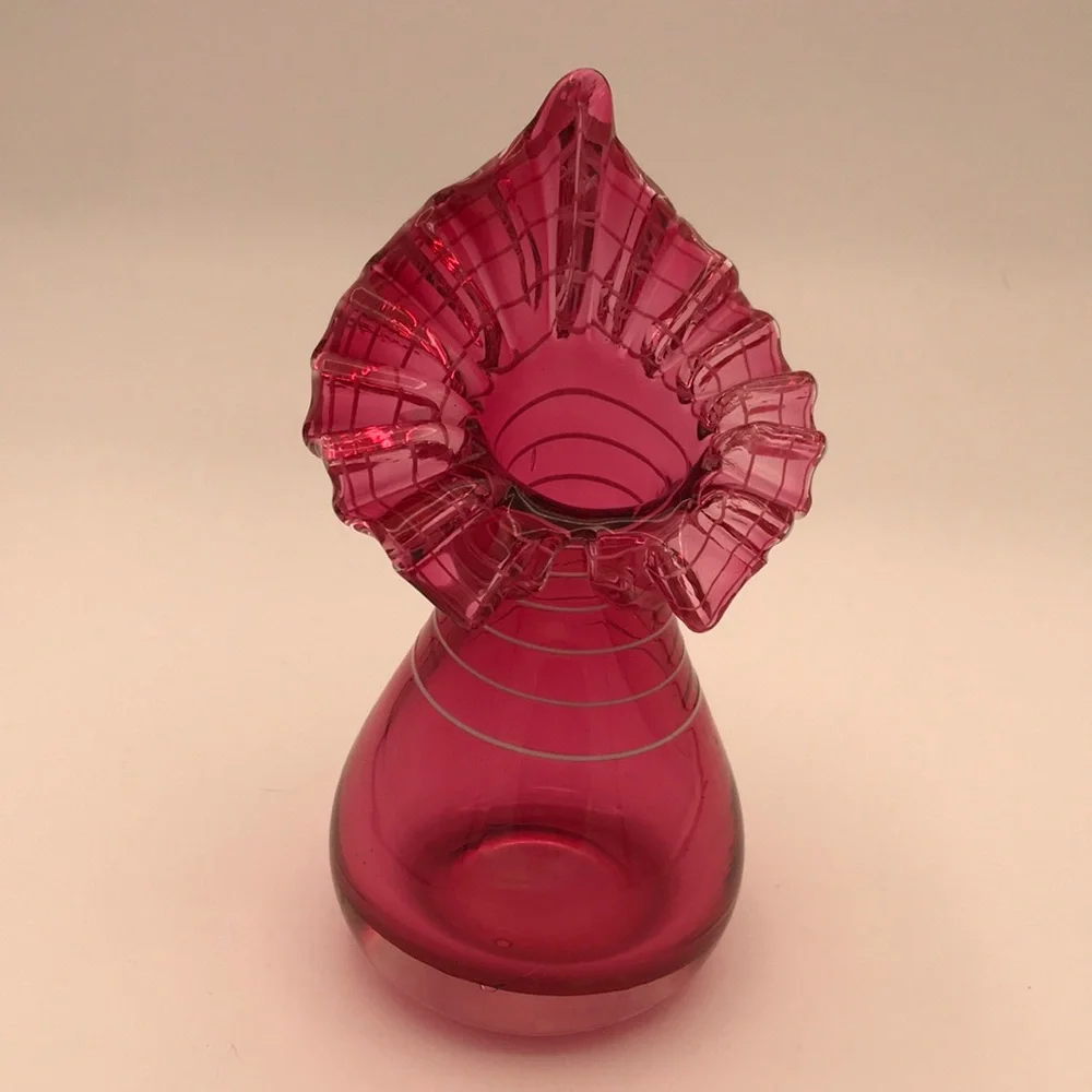 VTG Blown Cranberry‎ Glass Jack in the Pulpit Vase w/ Applied White Striping